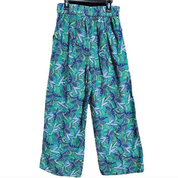 Midnight Sky -175 Blue Green Floral Linen Blend Tie Waist Wide Leg Pants Size S - Picture 2 of 9
